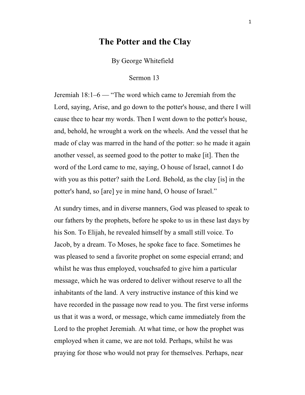 George Whitefield, the Potter and the Clay, Jeremiah 18, Sermon 13