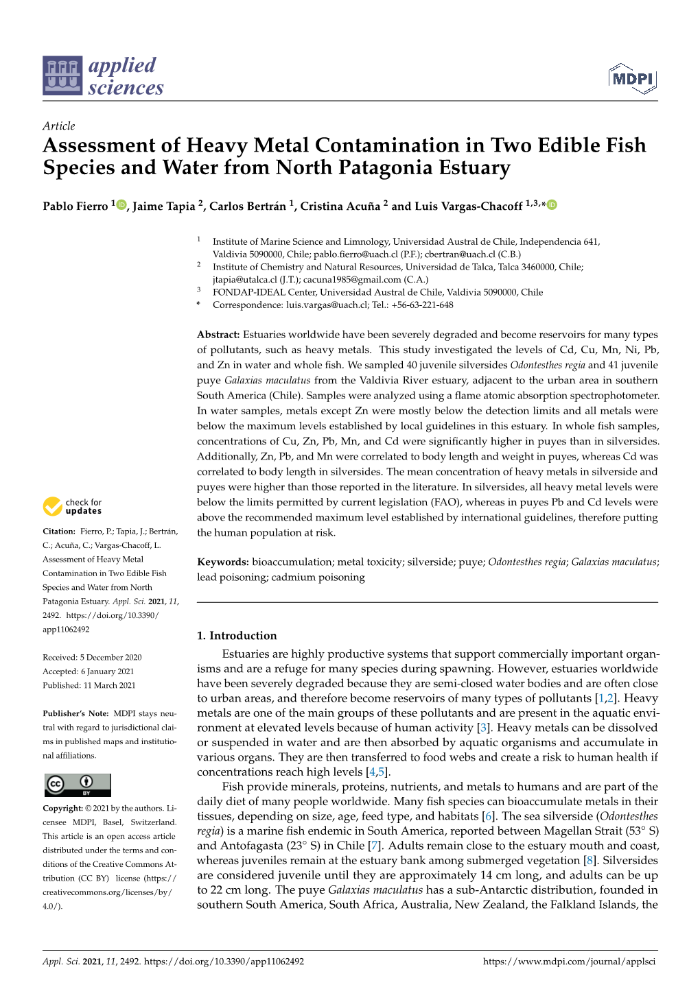 Assessment of Heavy Metal Contamination in Two Edible Fish Species and Water from North Patagonia Estuary