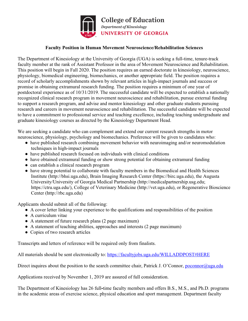 Faculty Position in Human Movement Neuroscience/Rehabilitation Sciences