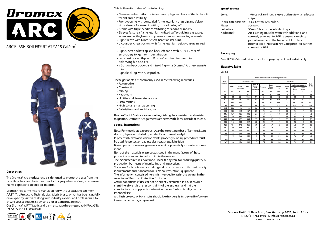 Technical Datasheet DW ARC 15 CAL BOILERSUIT