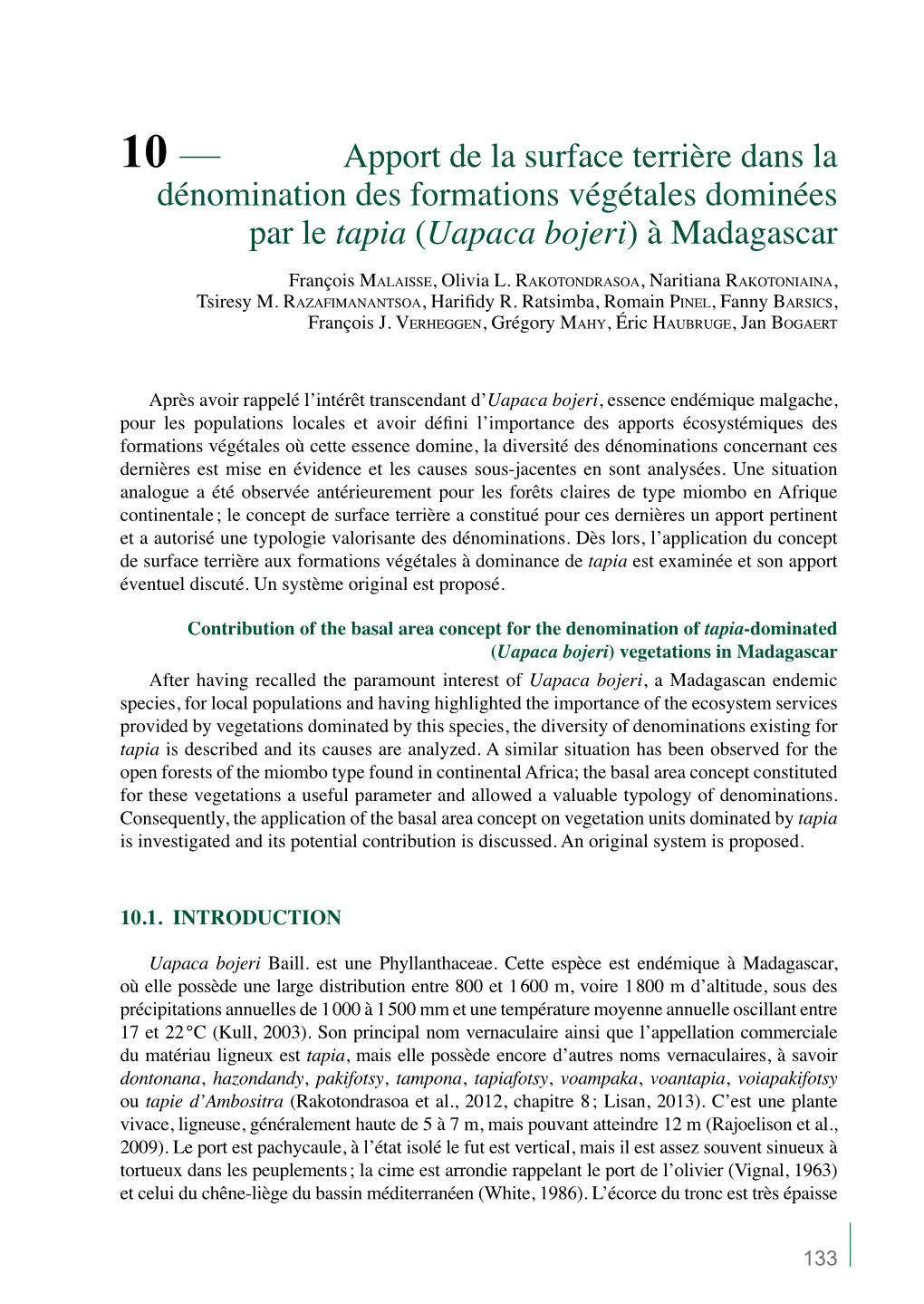 10 — Apport De La Surface Terrière Dans La Dénomination Des Formations Végétales Dominées Par Le Tapia (Uapaca Bojeri) À Madagascar