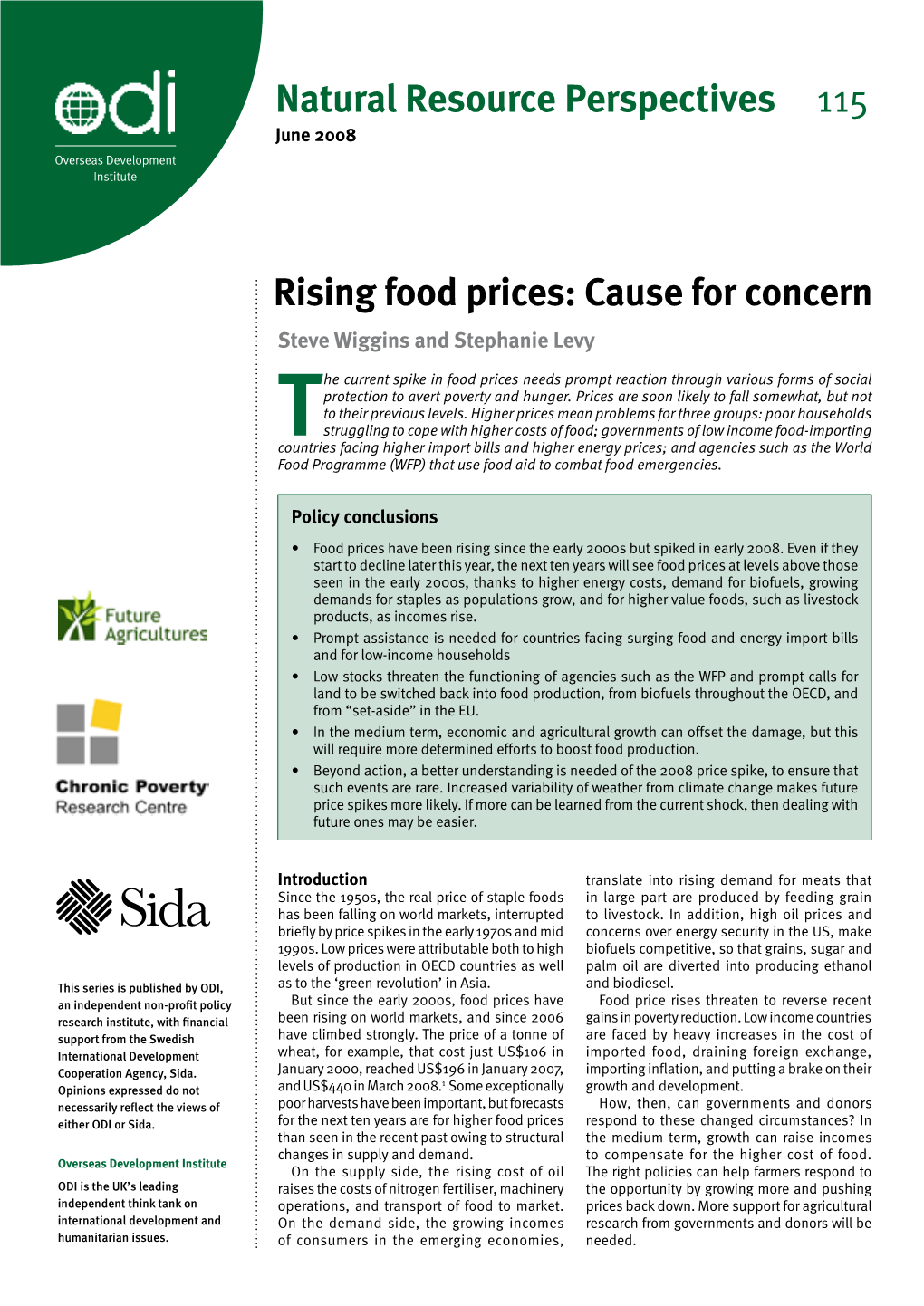 Rising Food Prices: Cause for Concern Steve Wiggins and Stephanie Levy