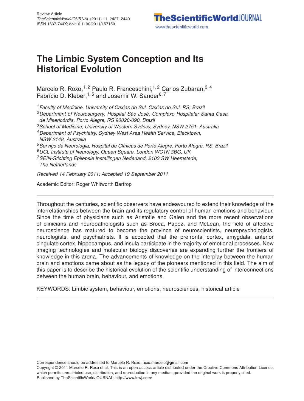 The Limbic System Conception and Its Historical Evolution