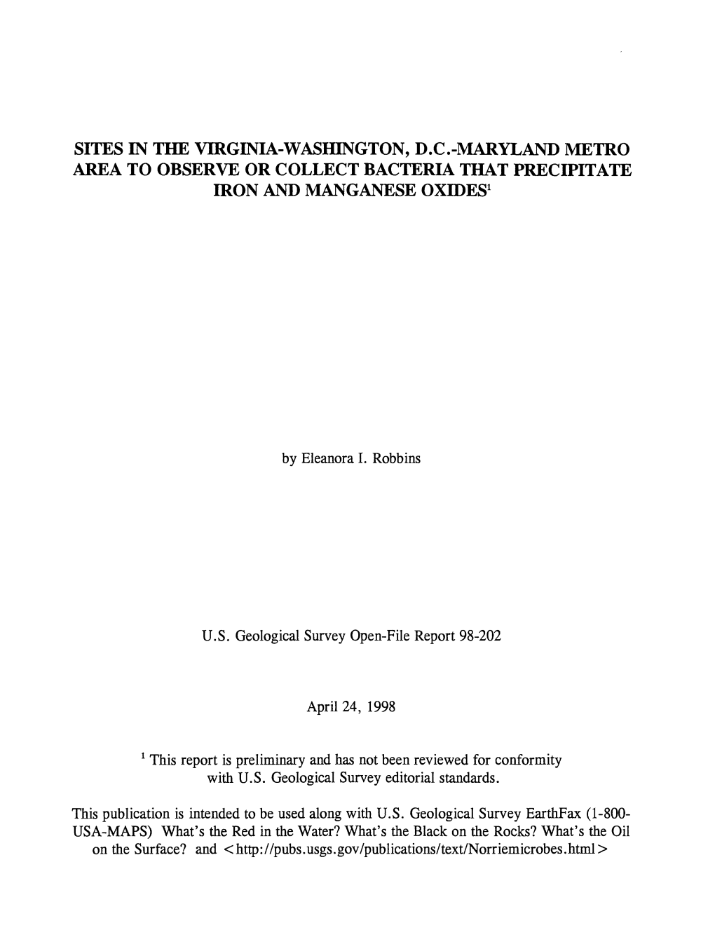 Sites in the Virginia-Washington, D.C.-Maryland Metro Area to Observe Or Collect Bacteria That Precipitate Iron and Manganese Oxides1