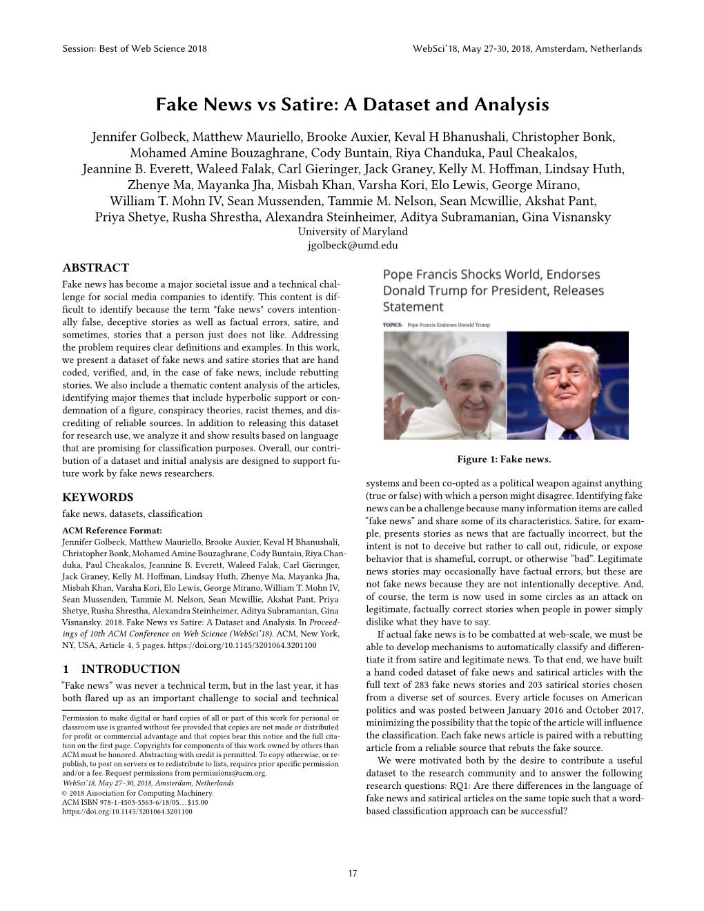 Fake News Vs Satire: a Dataset and Analysis