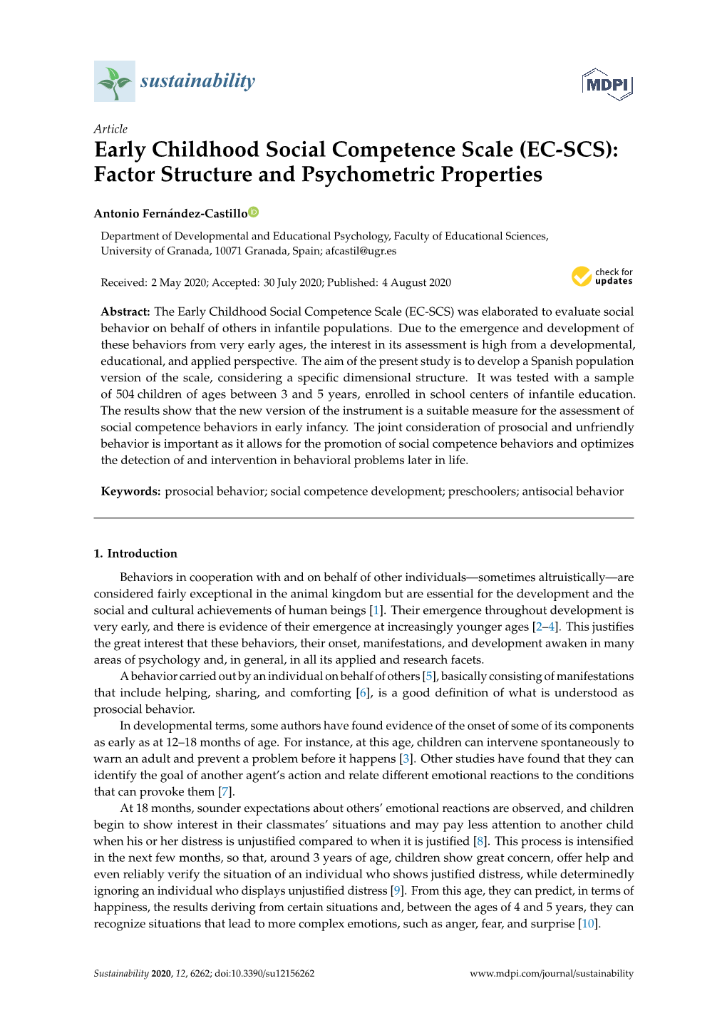 Early Childhood Social Competence Scale (EC-SCS): Factor Structure and Psychometric Properties