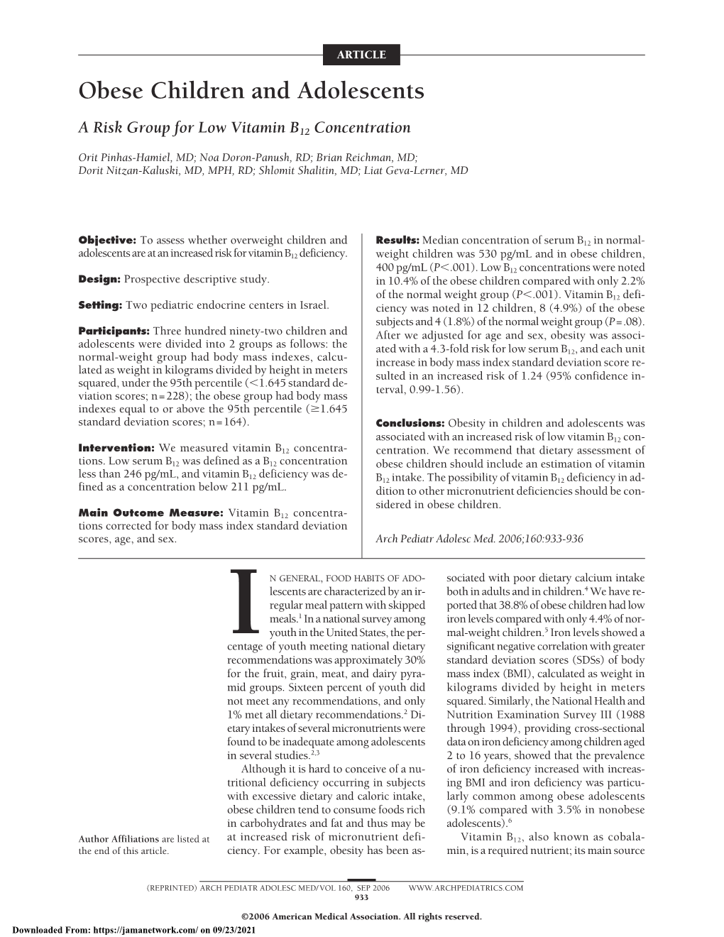 Obese Children and Adolescents: a Risk Group for Low Vitamin B12