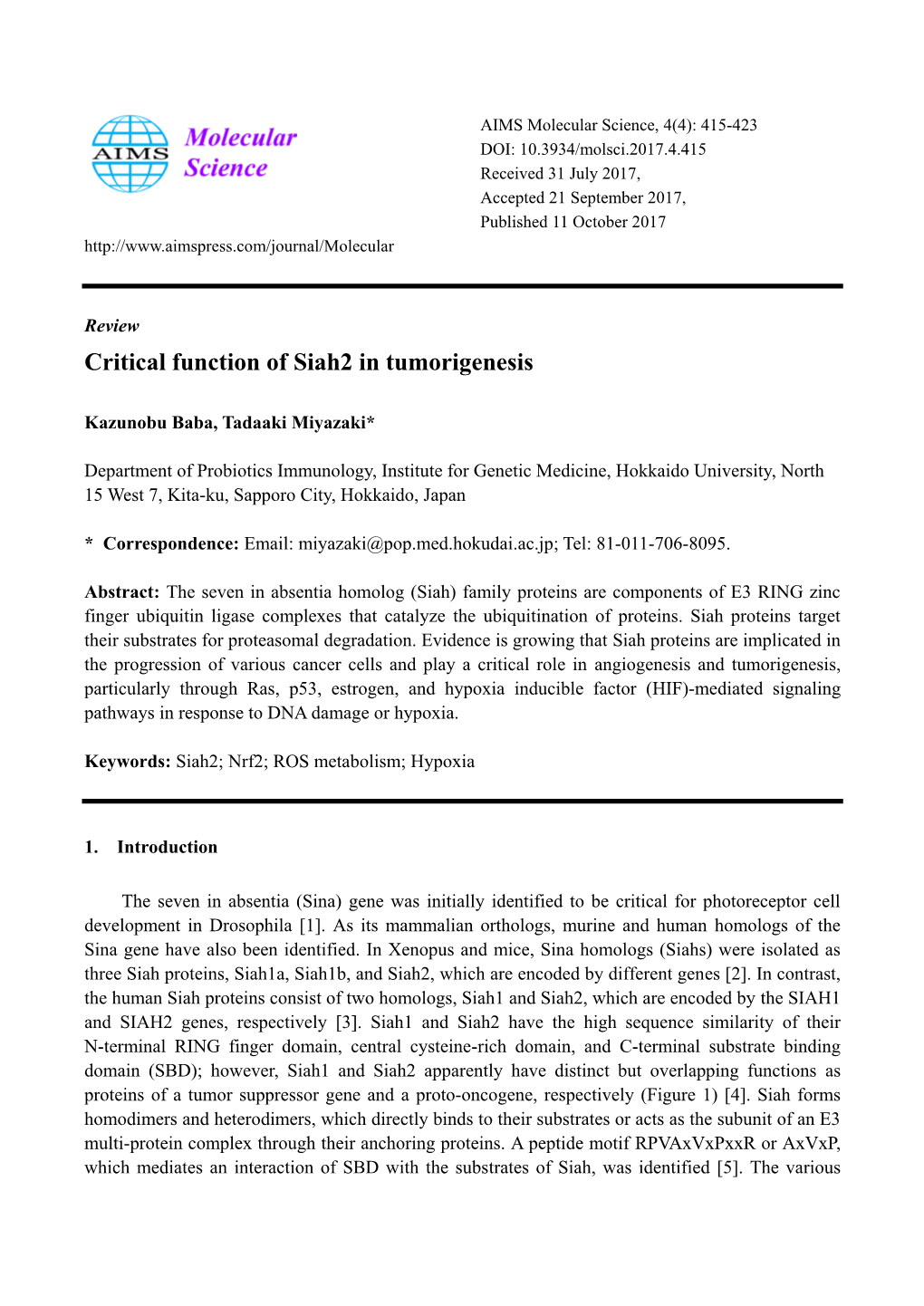Critical Function of Siah2 in Tumorigenesis