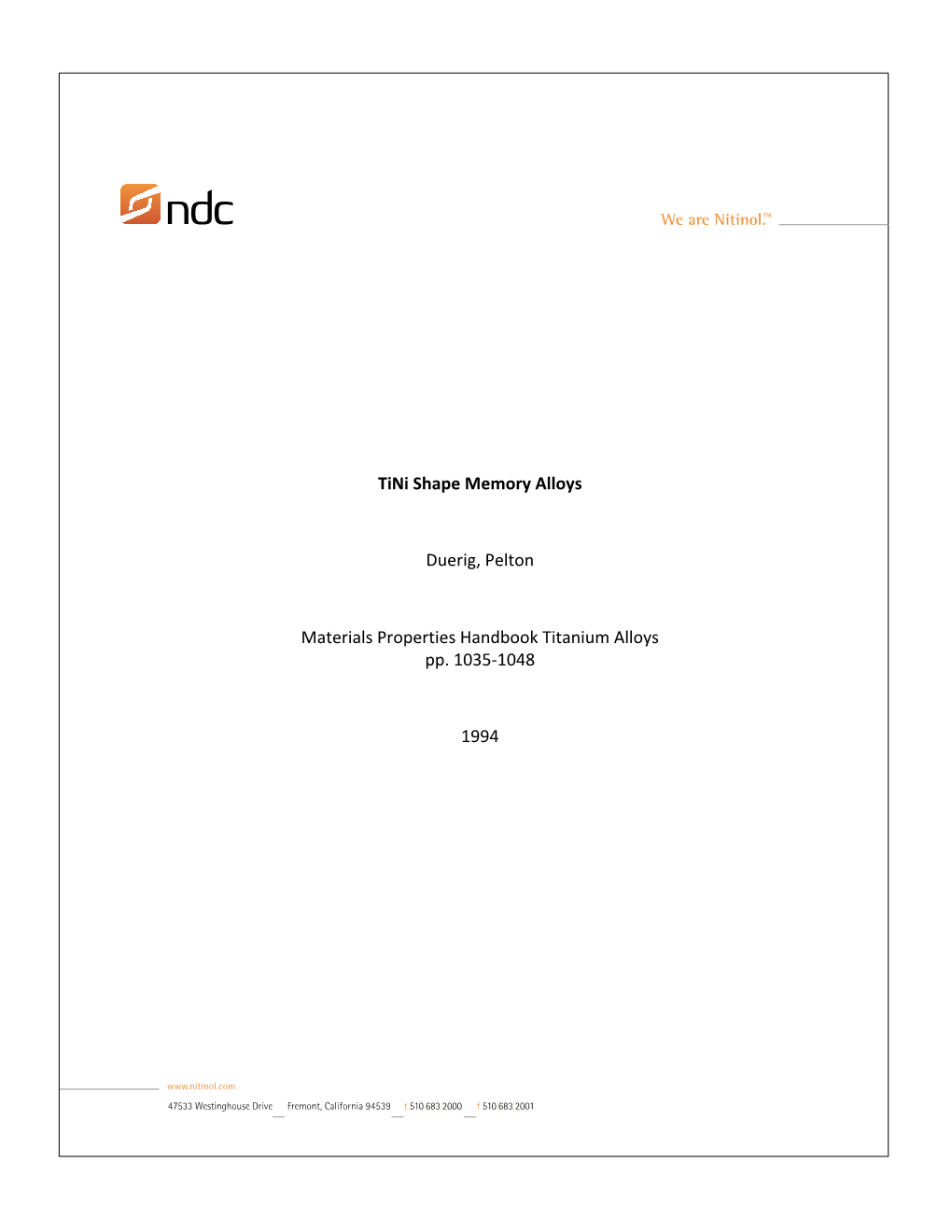 Tini Shape Memory Alloys Duerig, Pelton Materials Properties