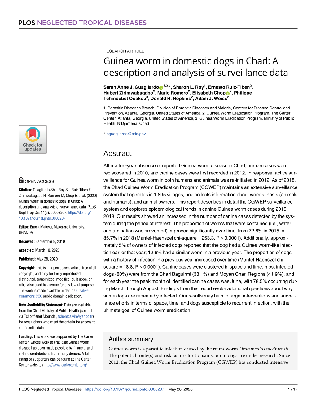 Guinea Worm in Domestic Dogs in Chad: a Description and Analysis of Surveillance Data