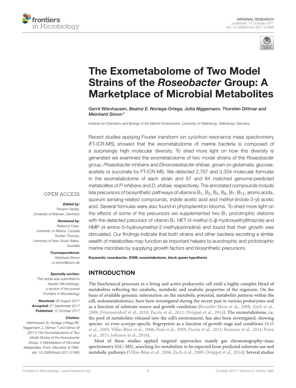 The Exometabolome of Two Model Strains of the Roseobacter Group: a Marketplace of Microbial Metabolites