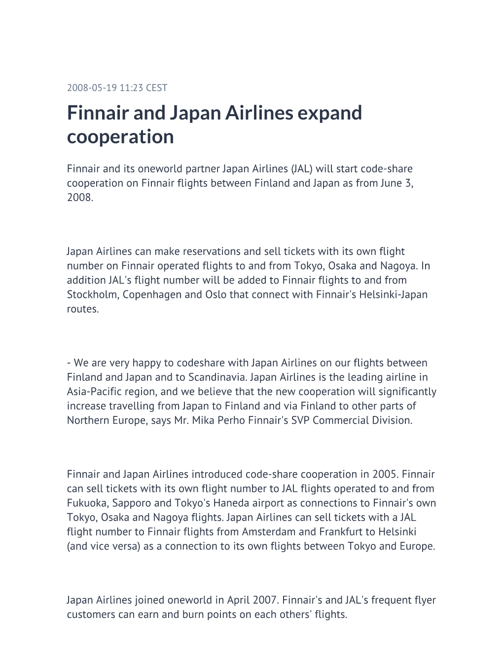 Finnair and Japan Airlines Expand Cooperation