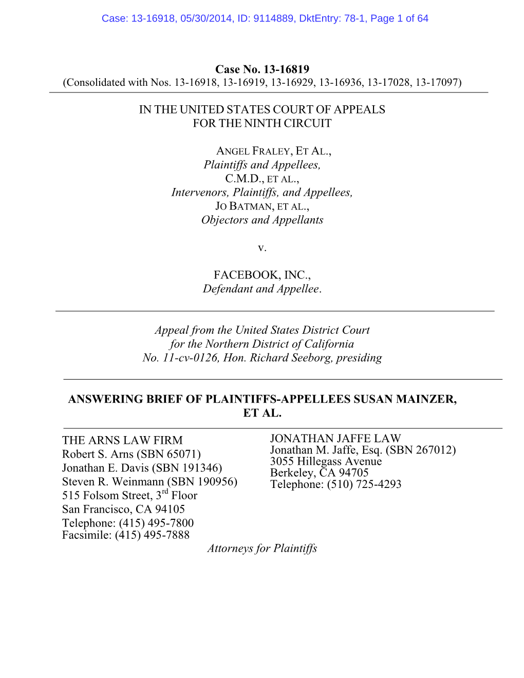 Case: 13-16918, 05/30/2014, ID: 9114889, Dktentry: 78-1, Page 1 of 64