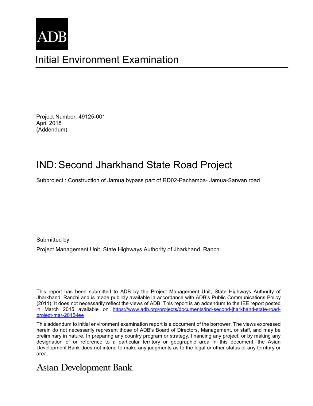 Second Jharkhand State Road Project: Construction of Jamua Bypass