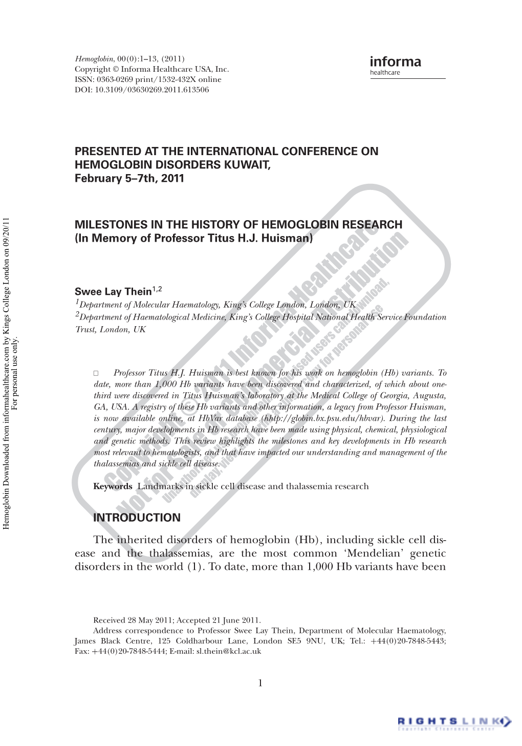 MILESTONES in the HISTORY of HEMOGLOBIN RESEARCH (In Memory of Professor Titus H.J