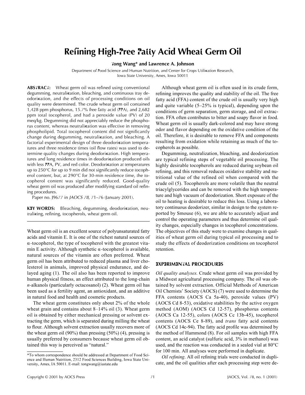 Refining High-Free Fatty Acid Wheat Germ