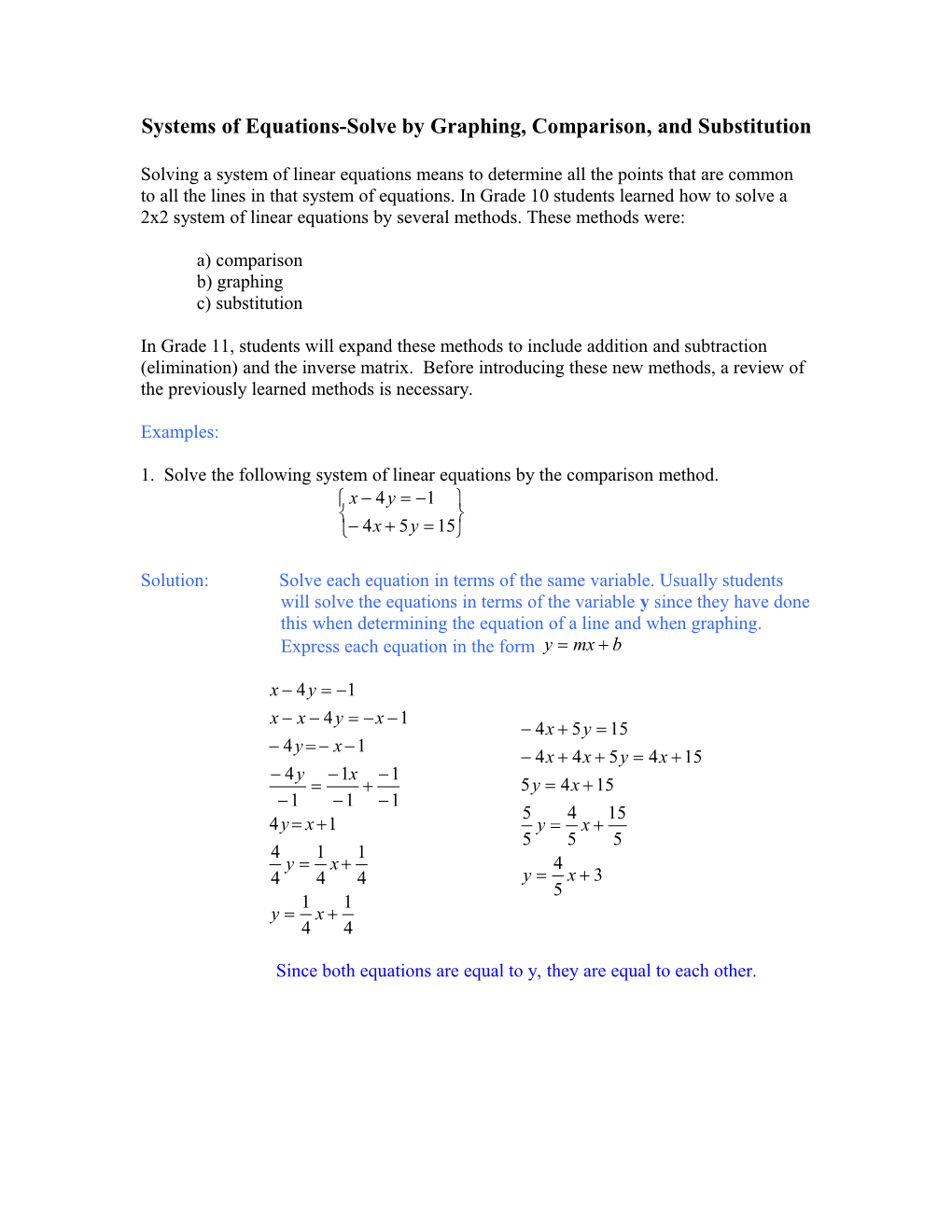 Systems of Equations-Solve by Graphing, Comparison, and Substitution