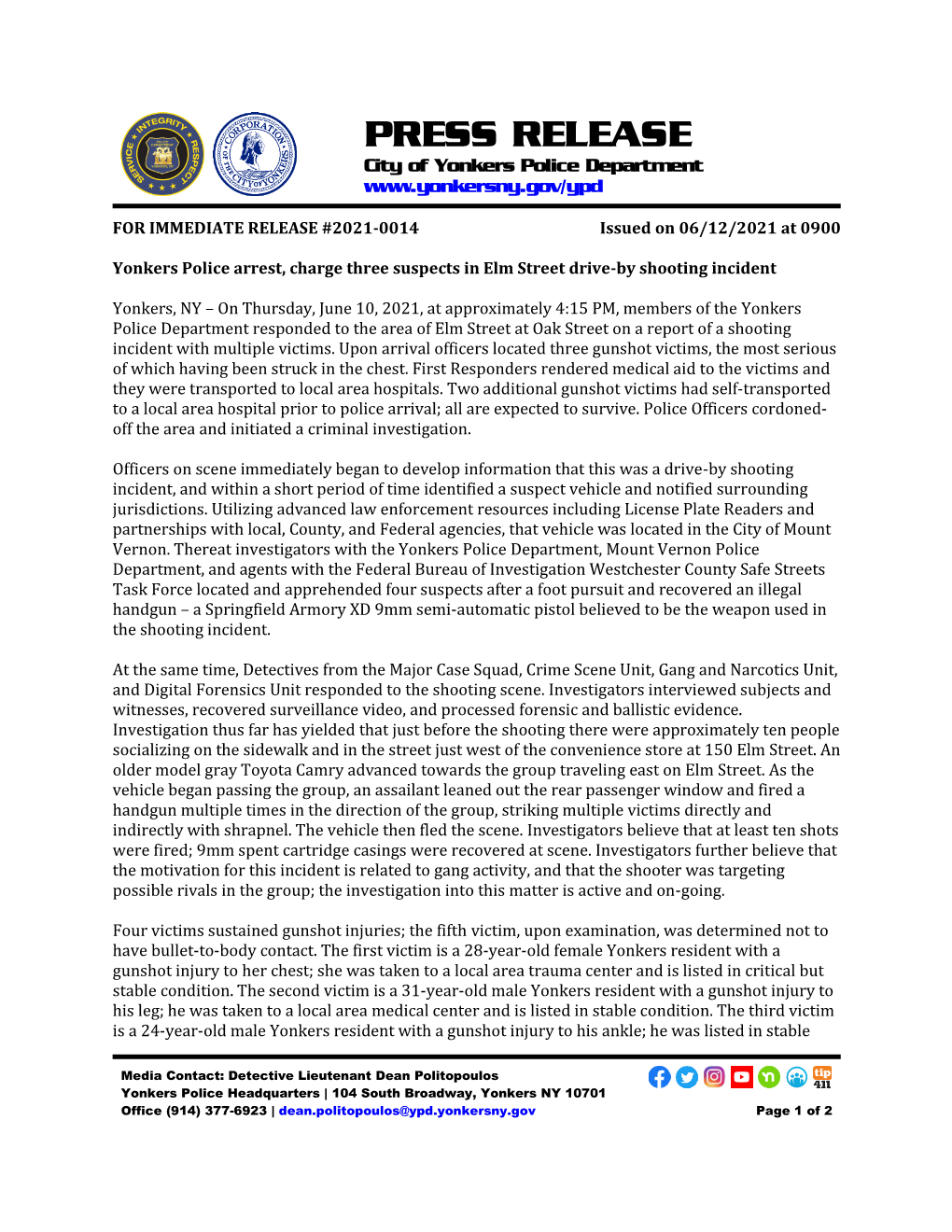 PRESS RELEASE City of Yonkers Police Department