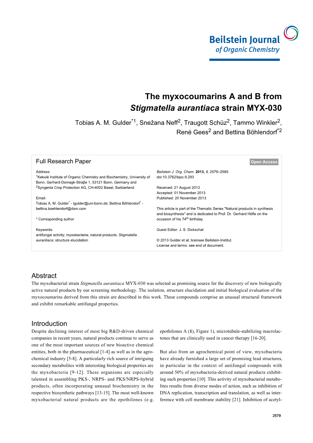 The Myxocoumarins a and B from Stigmatella Aurantiaca Strain MYX-030