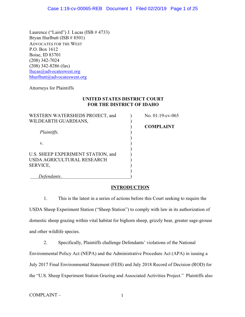 Case 1:19-Cv-00065-REB Document 1 Filed 02/20/19 Page 1 of 25