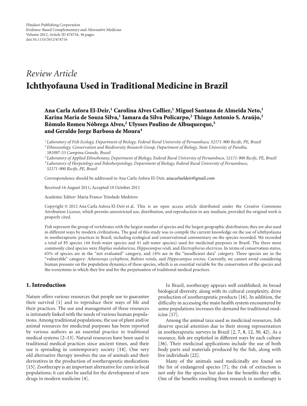 Ichthyofauna Used in Traditional Medicine in Brazil