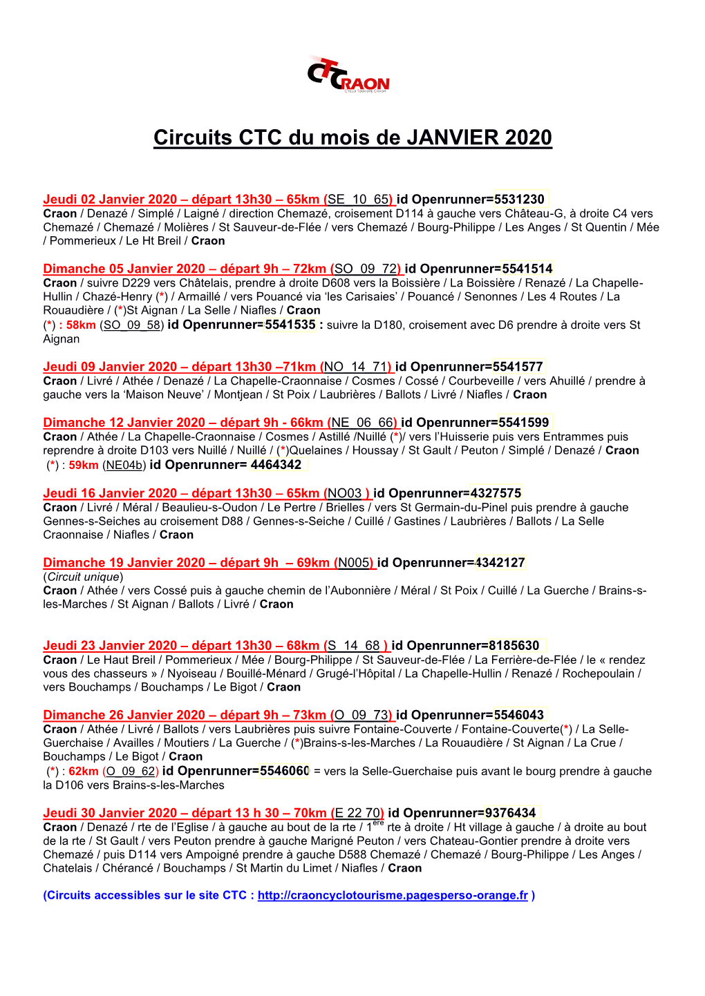 Circuits CTC Du Mois De JANVIER 2020