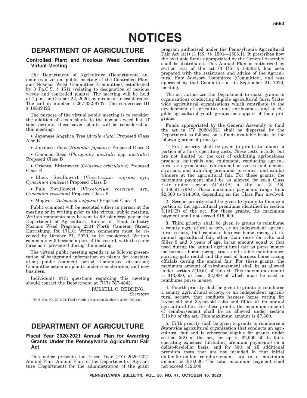 NOTICES Program Authorized Under the Pennsylvania Agricultural DEPARTMENT of AGRICULTURE Fair Act (Act) (3 P.S