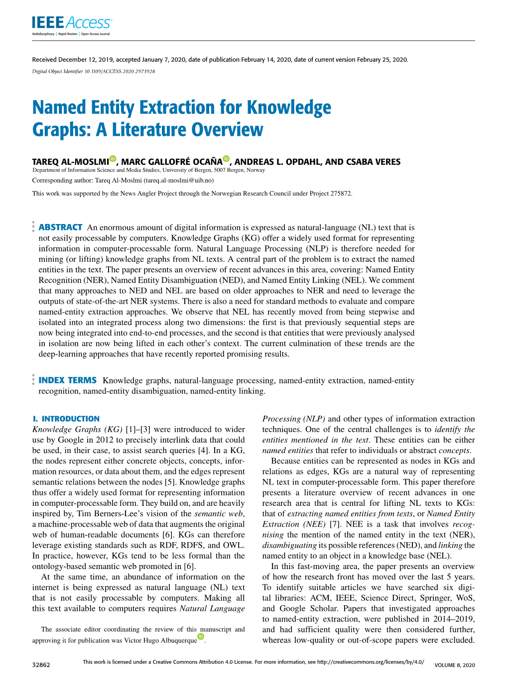 Named Entity Extraction for Knowledge Graphs: a Literature Overview