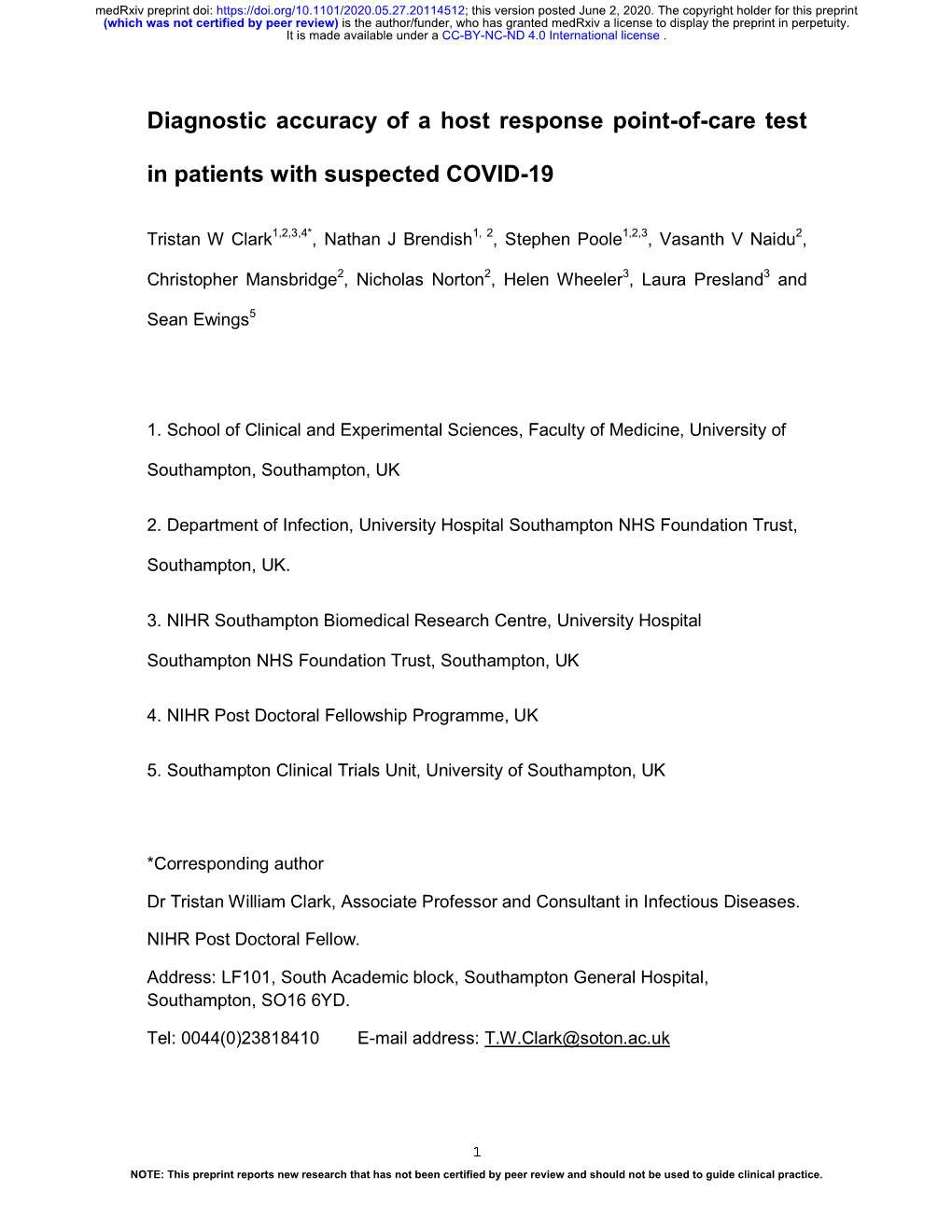 Diagnostic Accuracy of a Host Response Point-Of-Care Test In