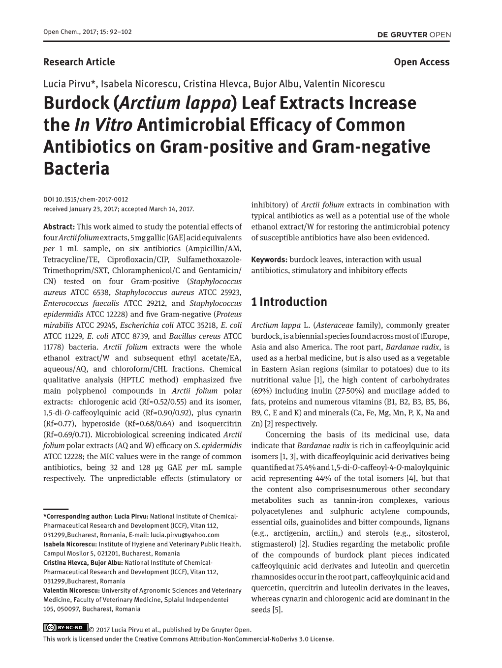 Burdock (Arctium Lappa) Leaf Extracts Increase the in Vitro Antimicrobial Efficacy of Common Antibiotics on Gram-Positive and Gram-Negative Bacteria