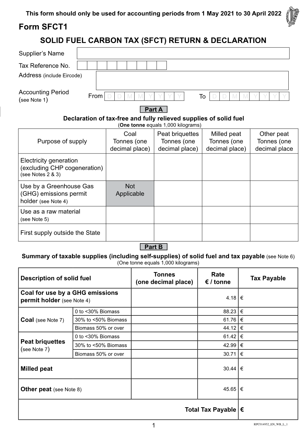 Form SFCT1 SOLID FUEL CARBON TAX (SFCT) RETURN & DECLARATION Supplier’S Name Tax Reference No