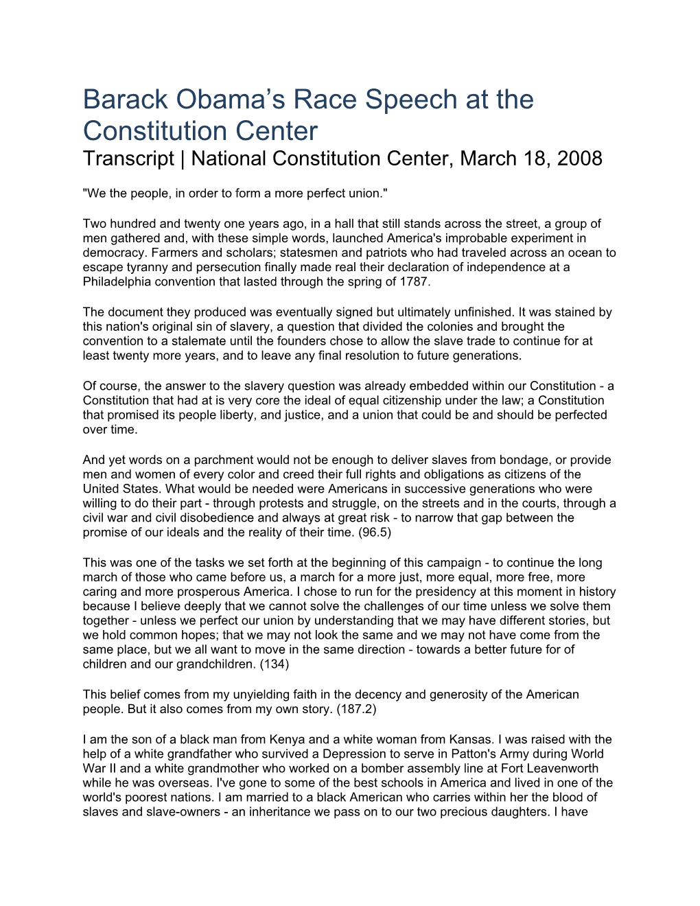 Barack Obama's Race Speech at the Constitution Center