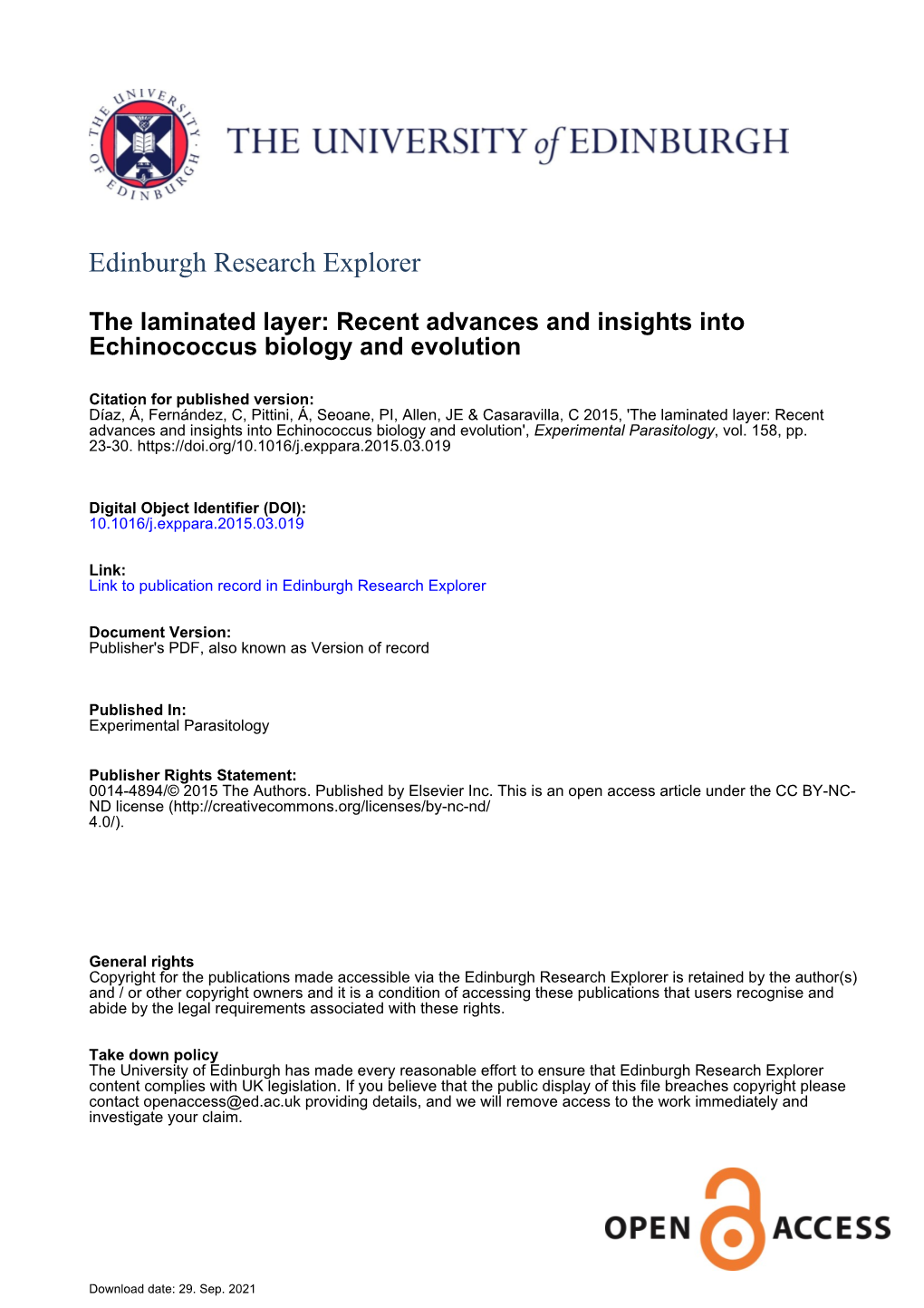 The Laminated Layer: Recent Advances and Insights Into Echinococcus Biology and Evolution', Experimental Parasitology, Vol