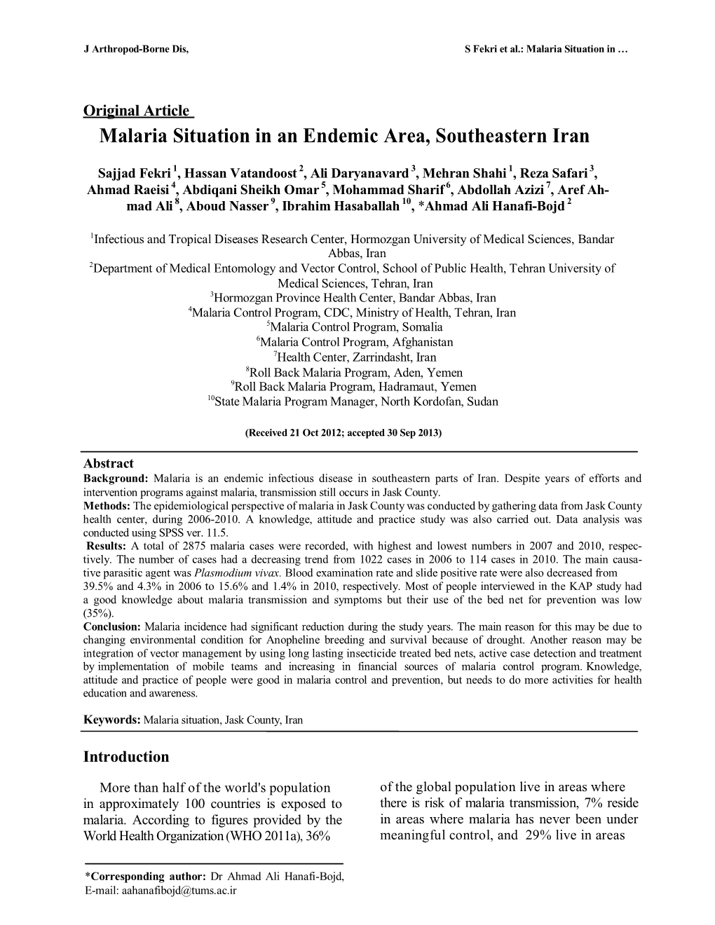 Malaria Situation in an Endemic Area, Southeastern Iran