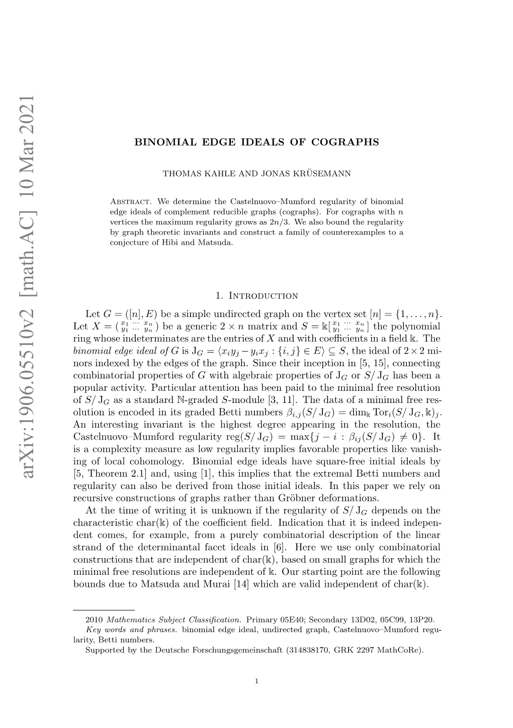 Arxiv:1906.05510V2 [Math.AC]