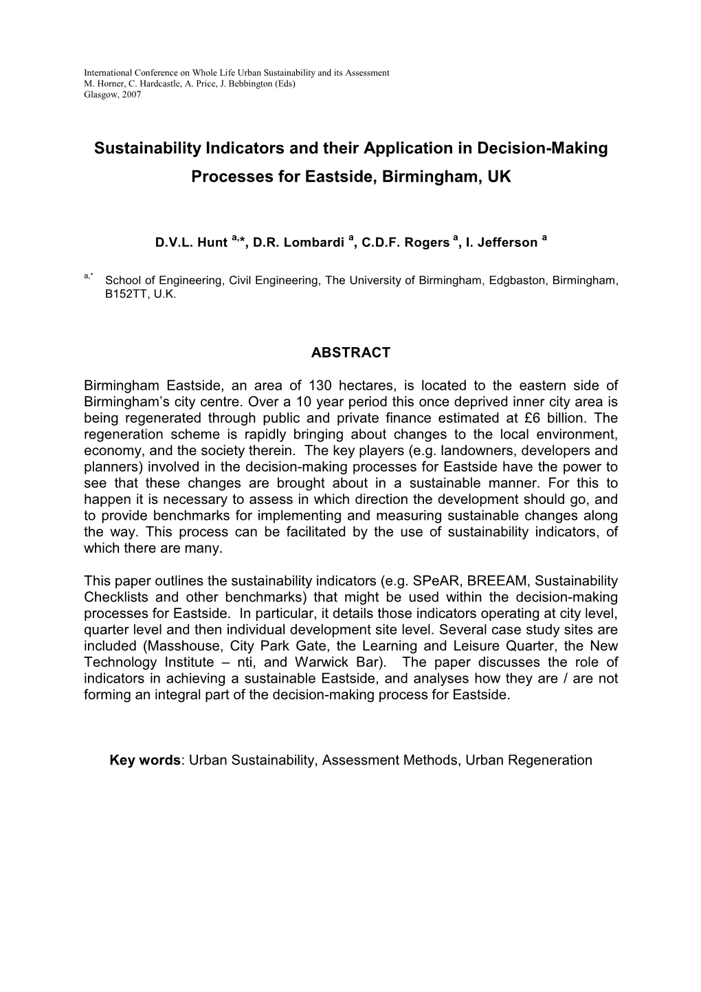 Sustainability Indicators and Their Application in Decision-Making Processes for Eastside, Birmingham, UK