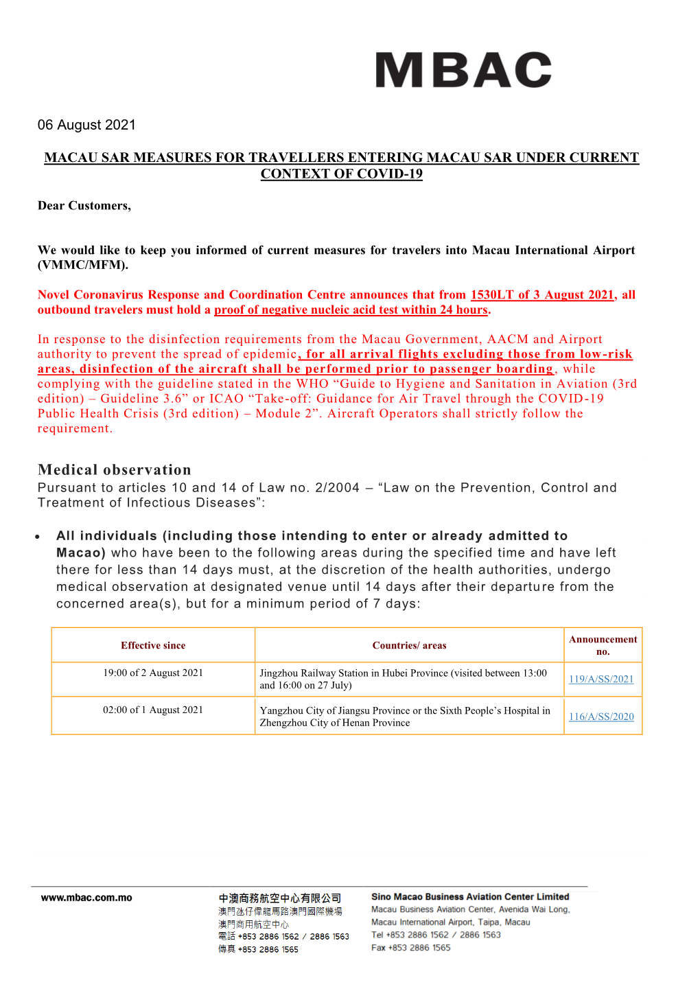 Medical Observation Pursuant to Articles 10 and 14 of Law No