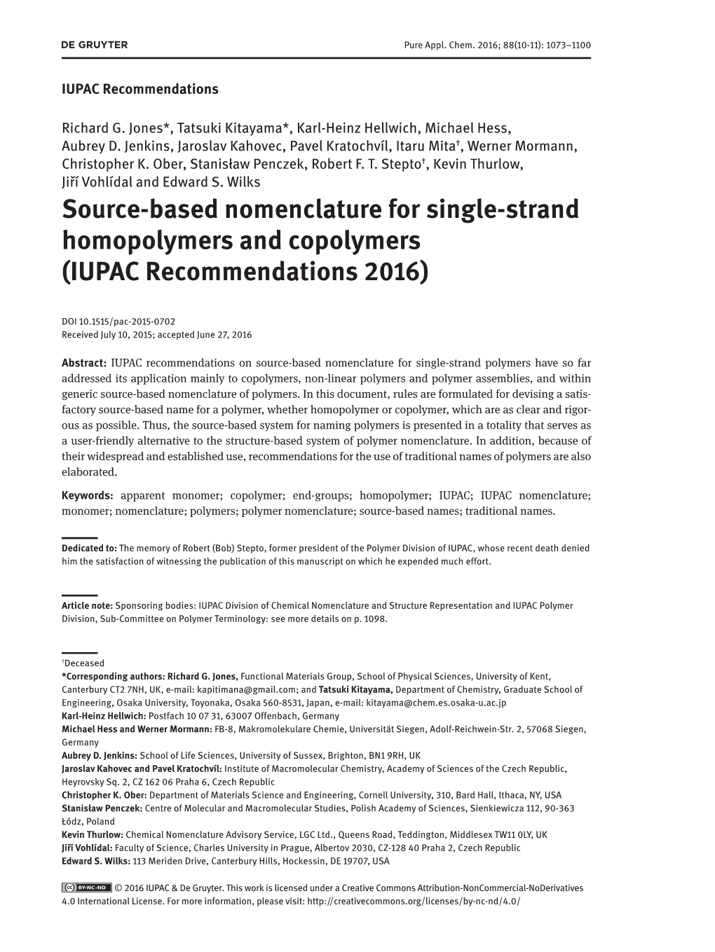 Source-Based Nomenclature for Single-Strand Homopolymers and Copolymers (IUPAC Recommendations 2016)