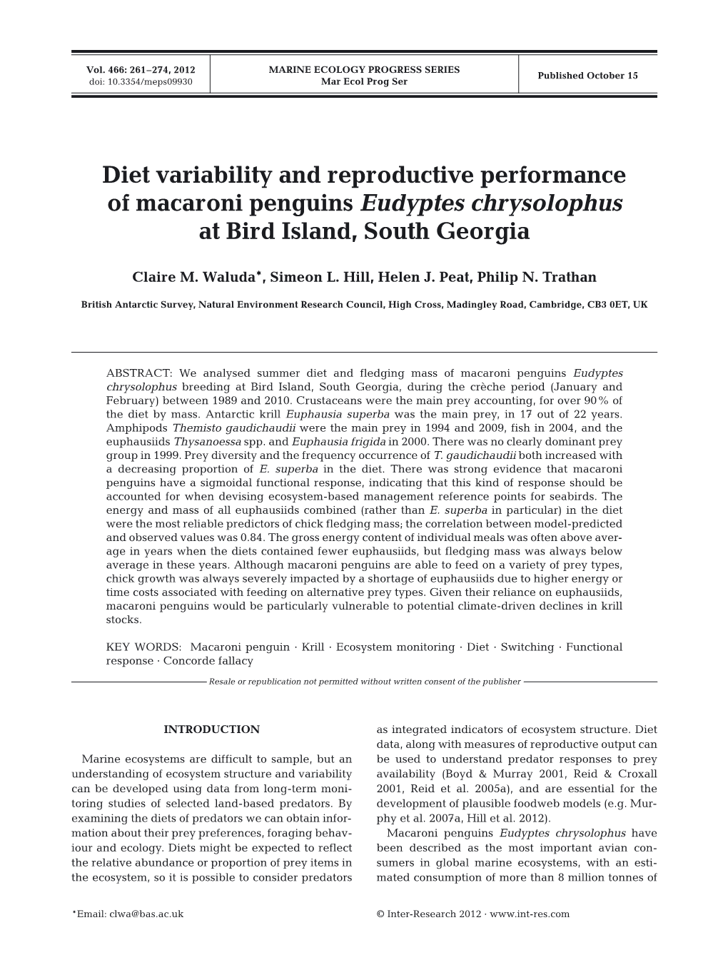 Diet Variability and Reproductive Performance of Macaroni Penguins Eudyptes Chrysolophus at Bird Island, South Georgia