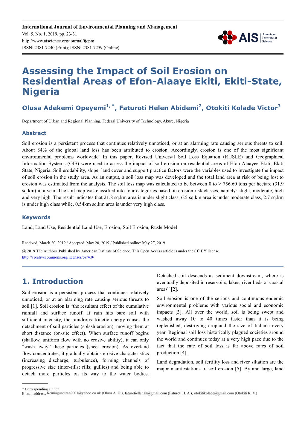 Assessing the Impact of Soil Erosion on Residential Areas of Efon-Alaaye Ekiti, Ekiti-State, Nigeria