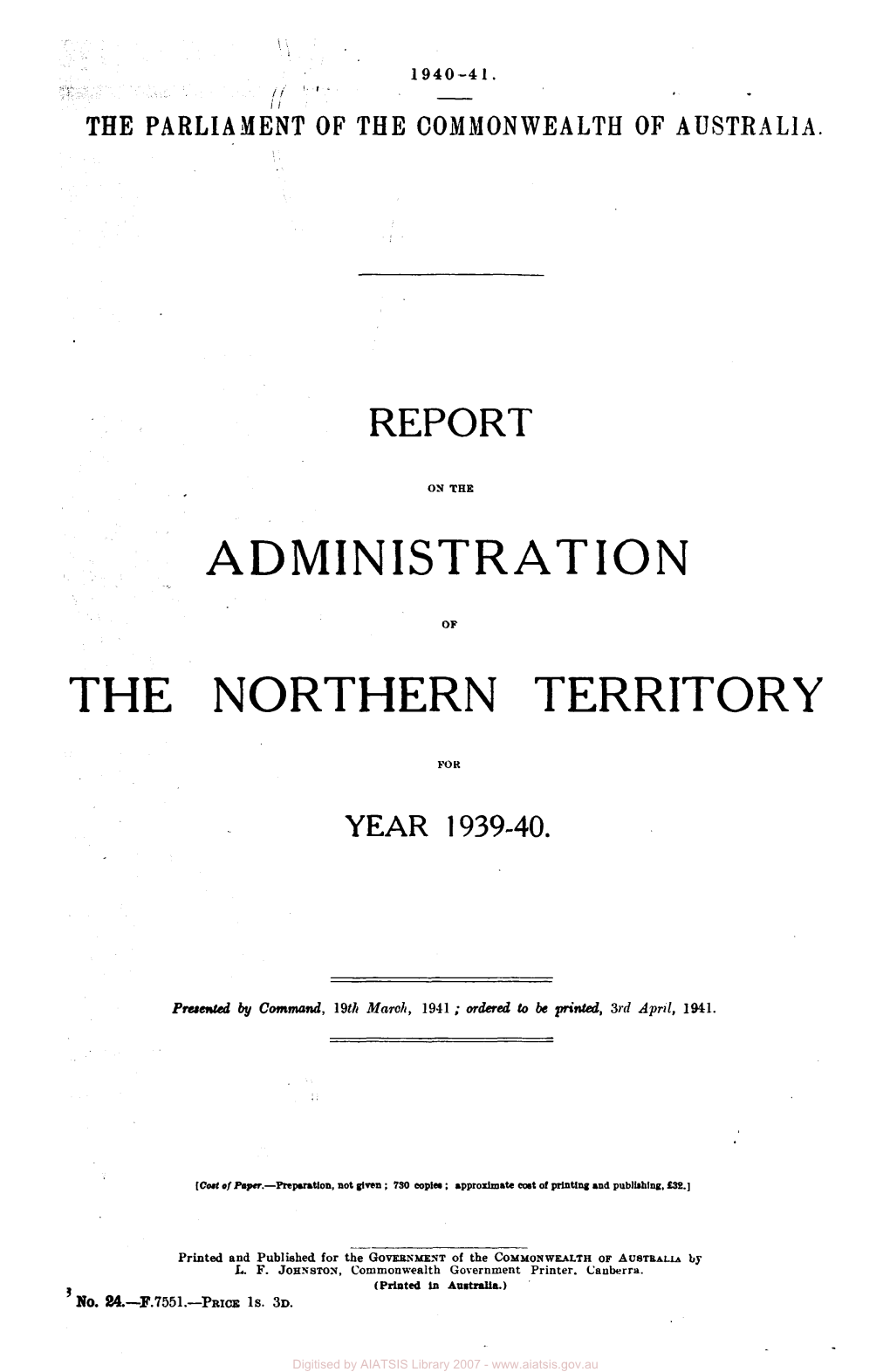 Report on the Administration of the Northern Territory for the Year 1939