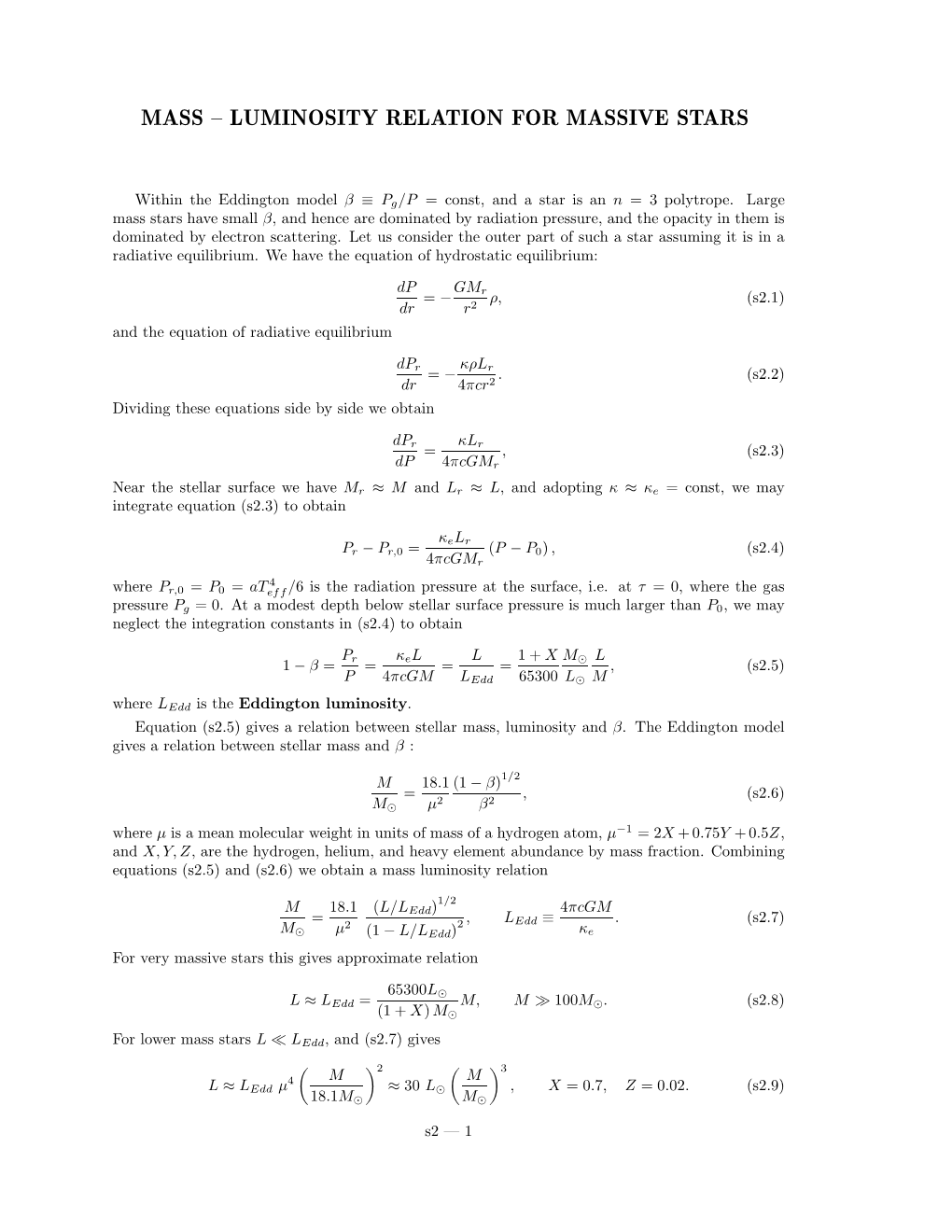 Mass – Luminosity Relation for Massive Stars