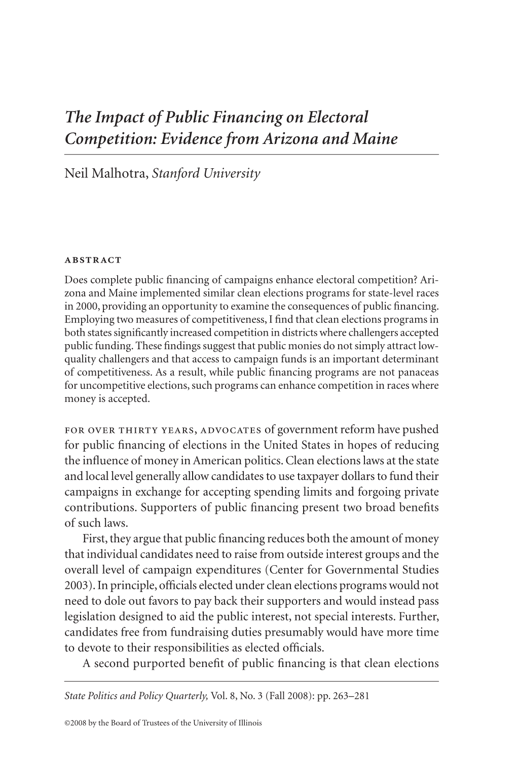 The Impact of Public Financing on Electoral Competition: Evidence from Arizona and Maine