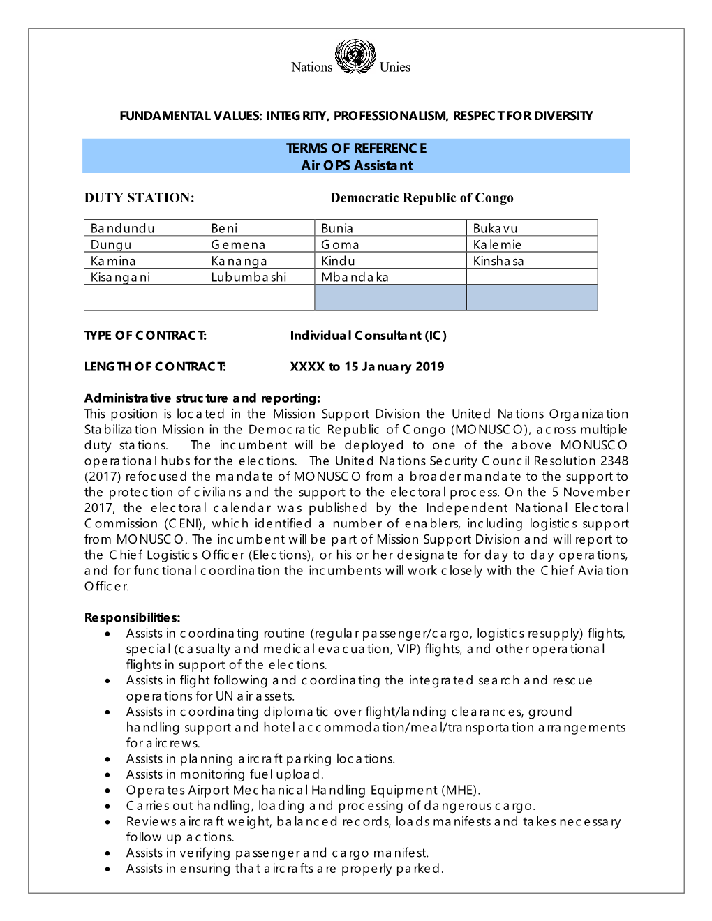 TERMS of REFERENCE Air OPS Assistant DUTY STATION