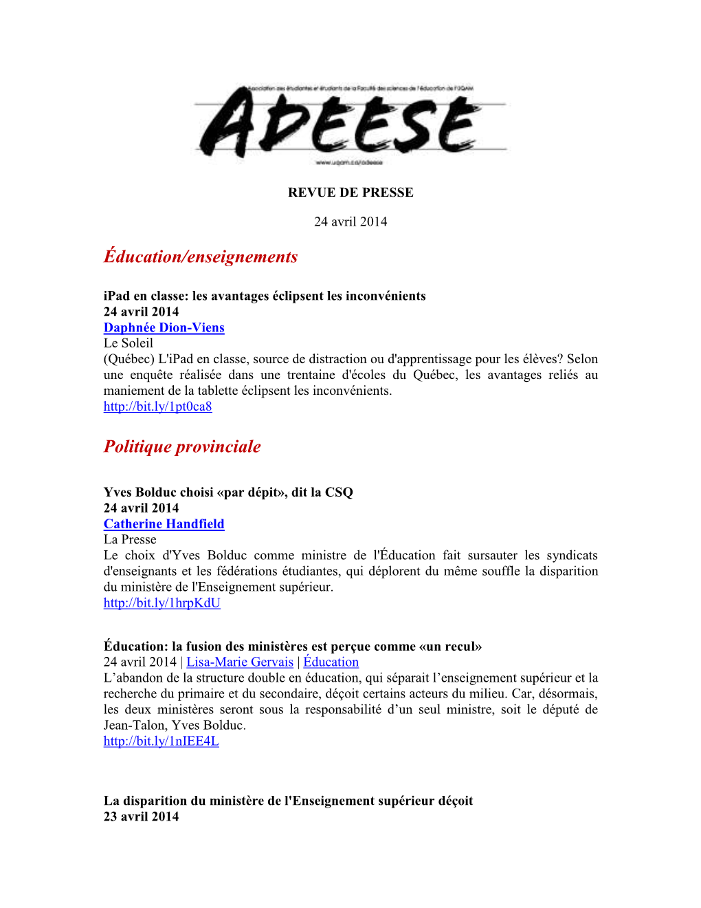 24.04.14 Revue De Presse