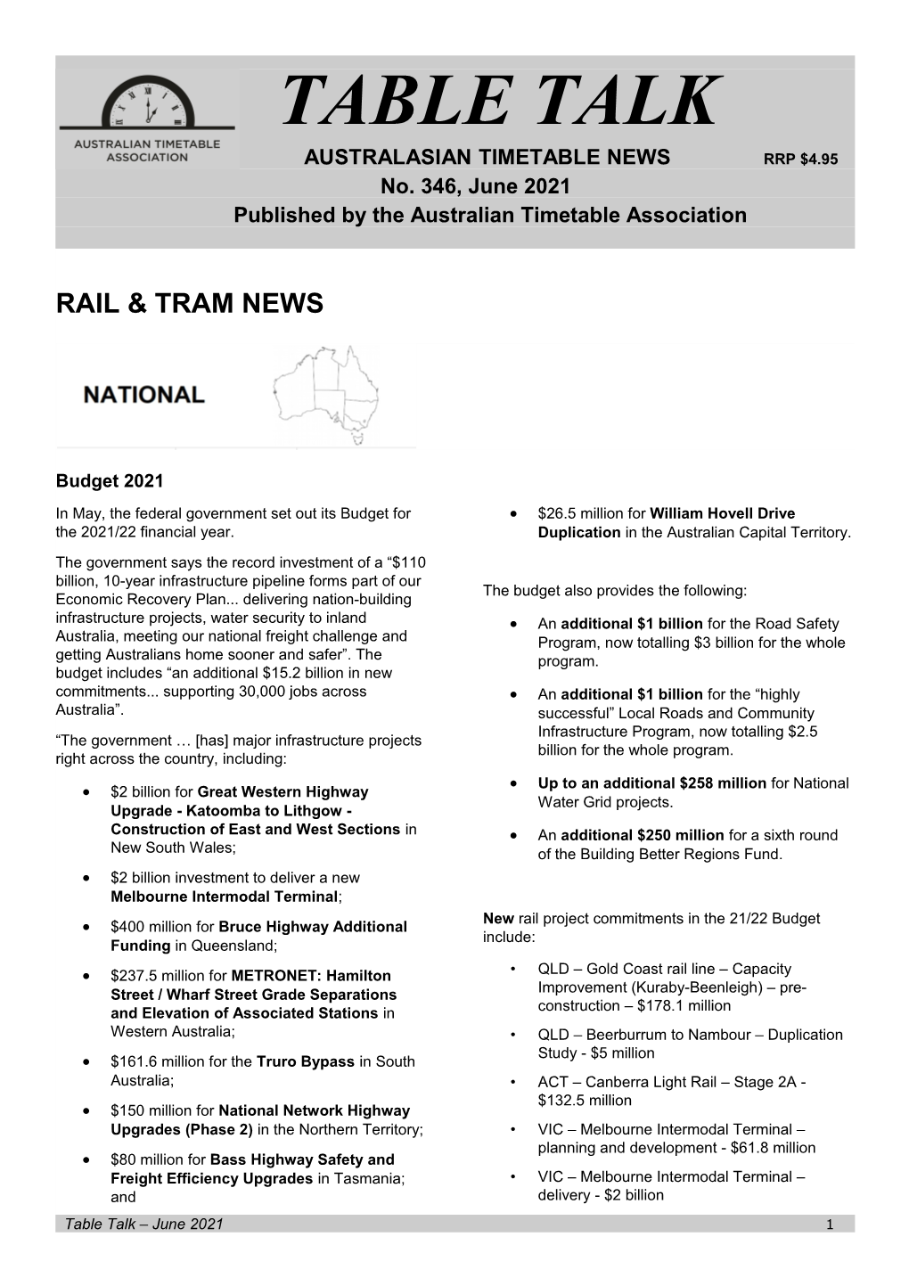 TABLE TALK AUSTRALASIAN TIMETABLE NEWS RRP $4.95 No