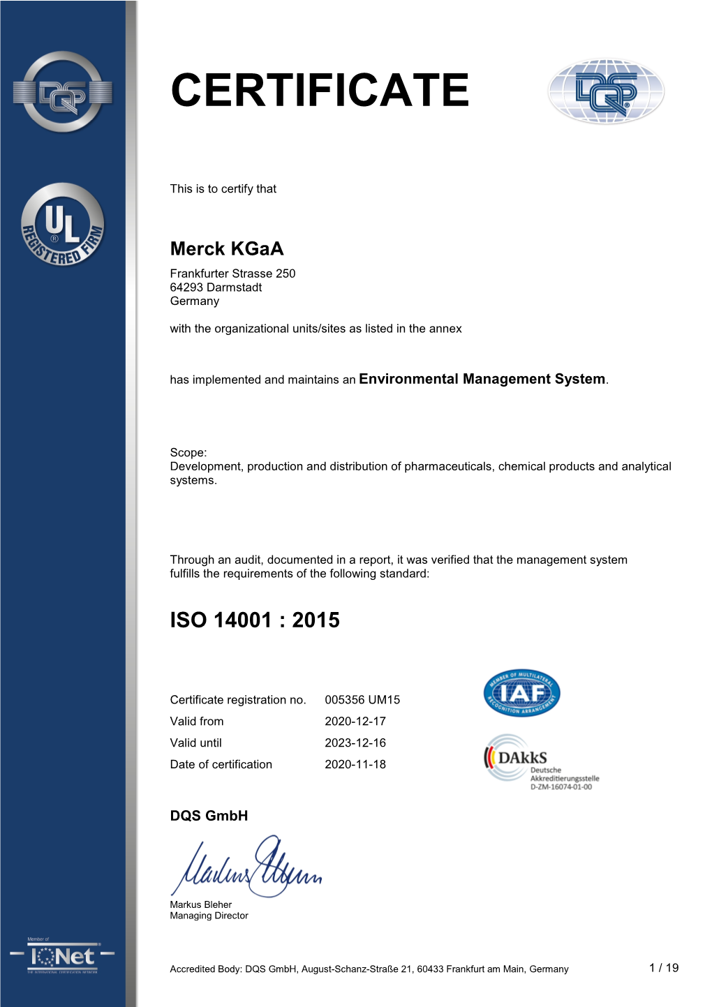 Certificate ISO 14001 From