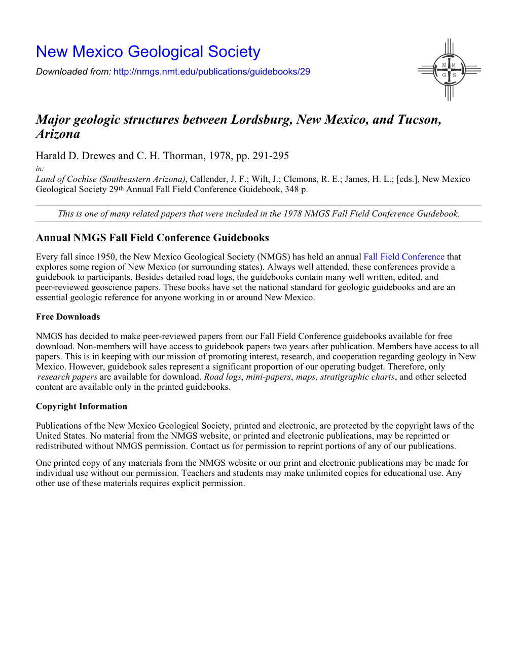 Major Geologic Structures Between Lordsburg, New Mexico, and Tucson, Arizona Harald D