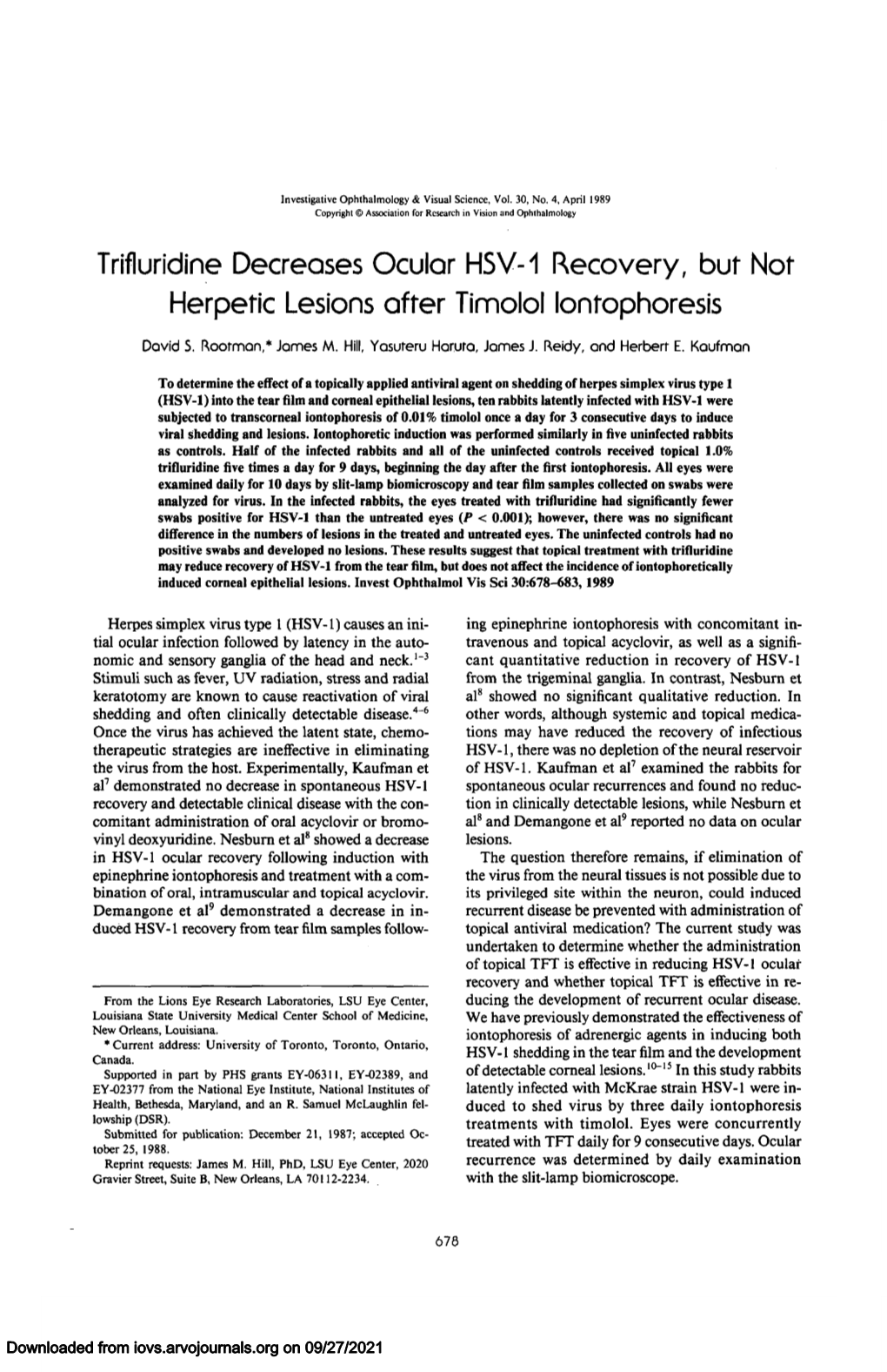 Trifluridine Decreases Ocular HSV-1 Recovery, but Not Herpetlc Lesions After Timolol Iontophoresis