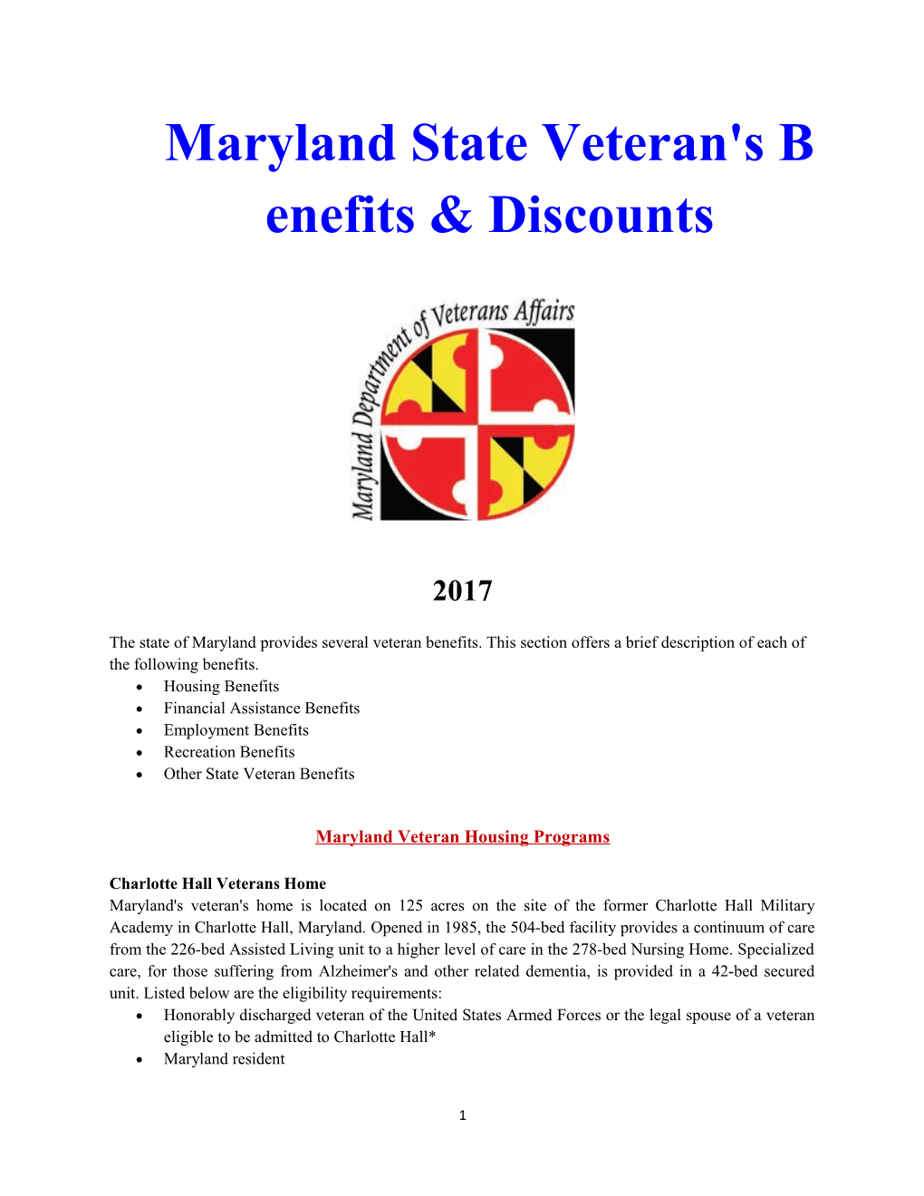 Maryland State Veteran's Benefits & Discounts